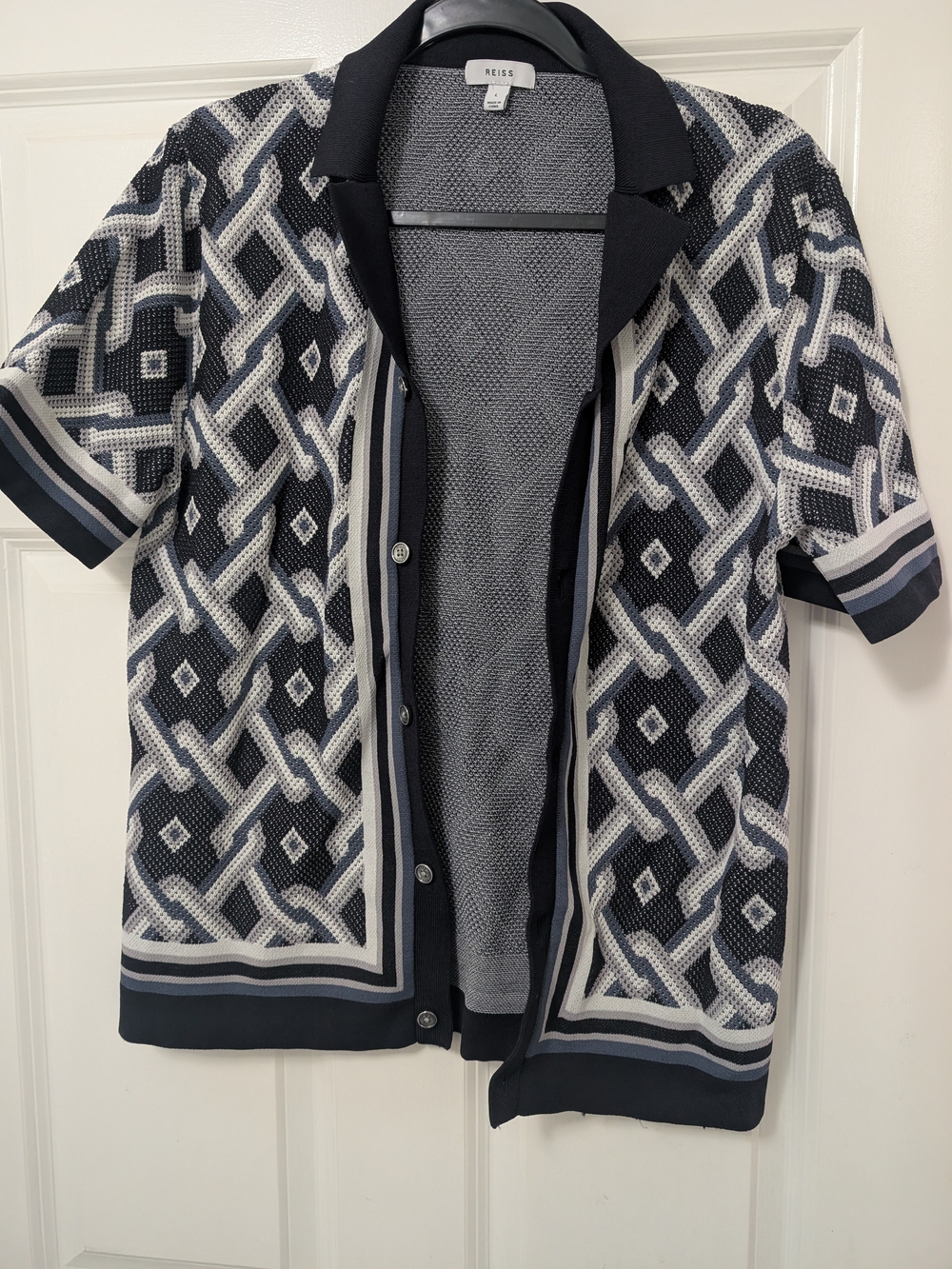 Reiss Men’s Short Sleeve Geometric Knit Cardigan - Black & White